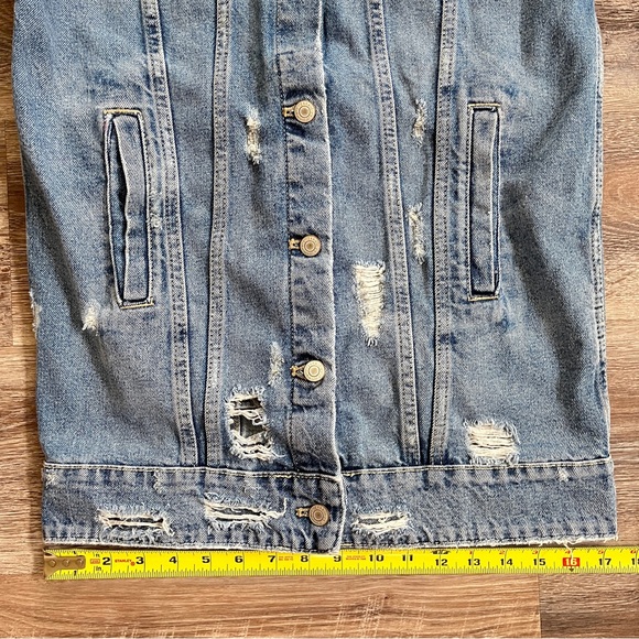 Zara Women's Distressed Button Down Long Length Medium Wash Denim Jacket - Picture 14 of 16
